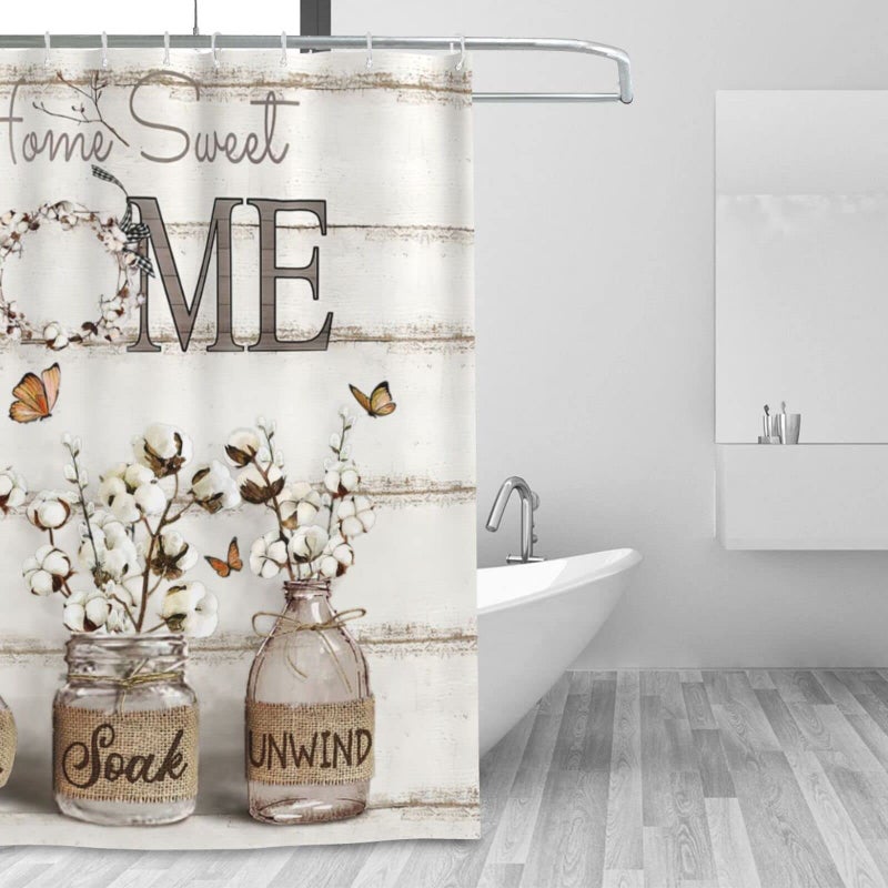 Tijuboni Farmhouse Shower Curtain Cotton Flowers Shower Curtains for Neutral Country Bathroom Decor Rustic Shower Curtain Set Waterproof Polyester Fabric 60 x 72 Inch - Image 2